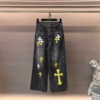 クロムハーツ 格安 デニムパンツ ワイドシルエット クロスプリント 通気 ブランド服コピー激安