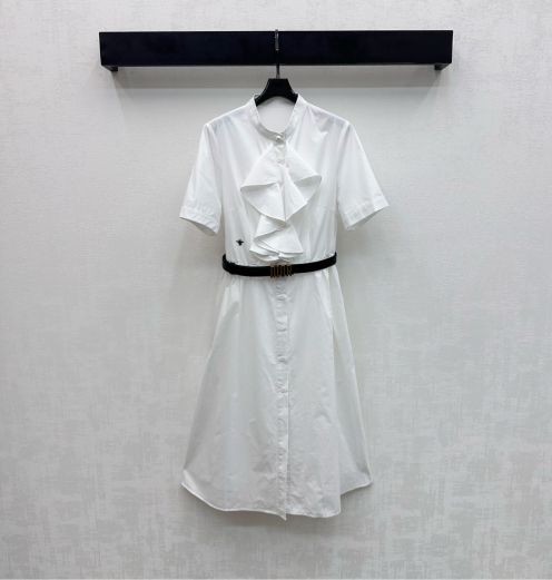 ディオール ブランド コピー シャツワンピース 半袖フリルデザイン ウエストベルト付き 精密ディテール