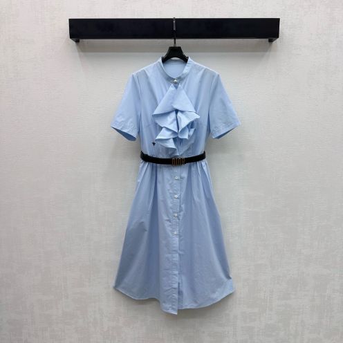 ディオール n級 シャツワンピース 半袖フリルデザイン ウエストベルト付き 発送保証