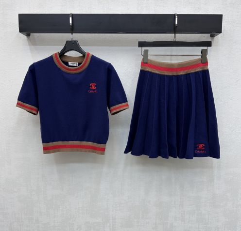 シャネル n級 ニットセットアップ 半袖トップス プリーツスカート 通気 高評価