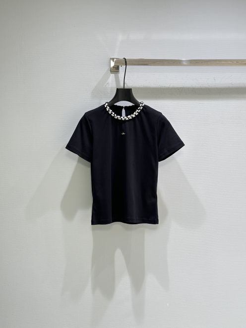 シャネル ハイブランド 半袖トップス ビジューネックデザイン 上質素材 快適な着心地