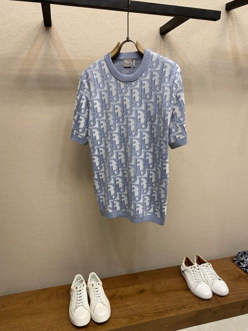 ディオール ブランド コピー ロゴ総柄ニットトップス 半袖デザイン 通気