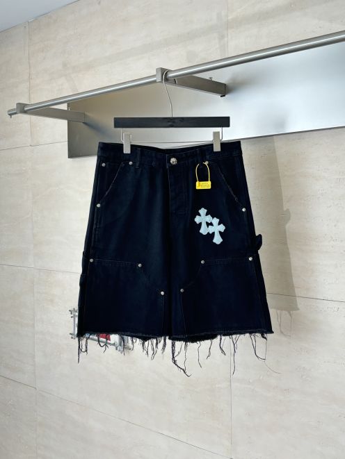 クロムハーツ ブランド コピー デニムショートパンツ ホワイトクロスデザイン ダメージ加工 本格派モデル