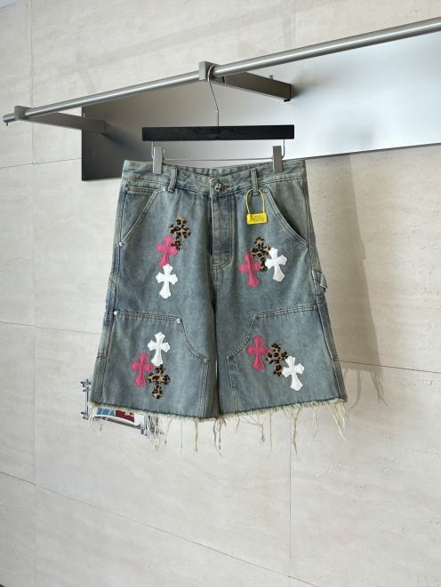 クロムハーツ ハイブランド デニムショートパンツ マルチクロスワッペンデザイン ダメージ加工 高級感仕上げ