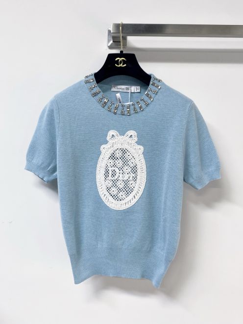 ディオール ハイブランド 刺繍ロゴ半袖ニット ライトブルー仕様 肌触り良好