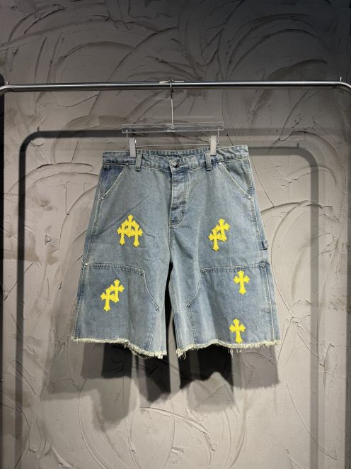 クロムハーツ ハイブランド デニムハーフパンツ イエロークロス装飾 ストリート仕様 高評価