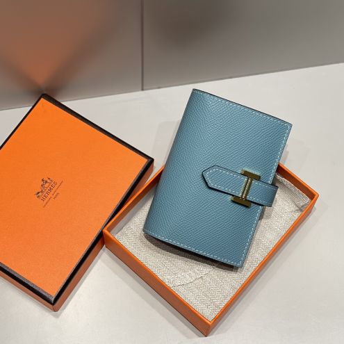 エルメス ハイブランド ベアンコンパクトウォレット ブルーレザー ゴールドH金具 高品質
