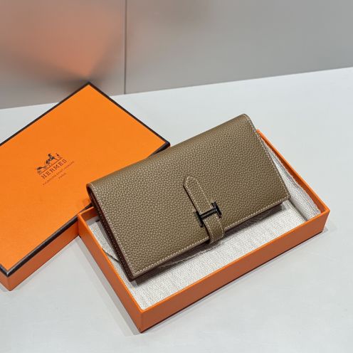 エルメス ブランド コピー ベアン長財布 ブラックH金具 エトゥープカラー 精密ディテール