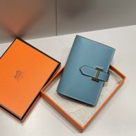 エルメス ハイブランド ベアンコンパクトウォレット ブルーレザー ゴールドH金具 高品質
