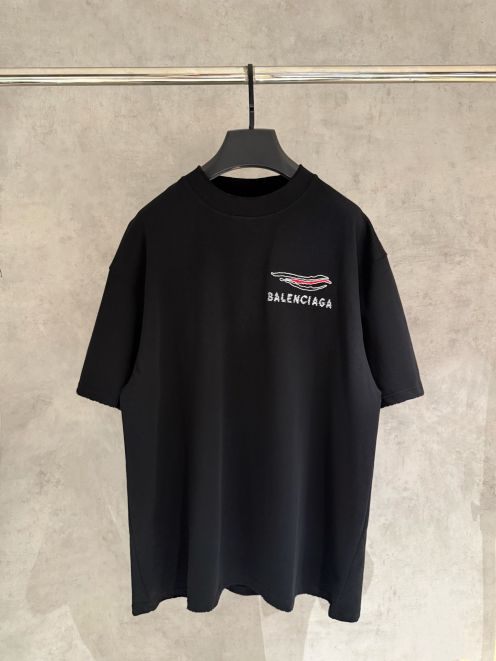 バレンシアガ ハイブランド ロゴ刺繍半袖Tシャツ 波形ラインデザイン 上質感
