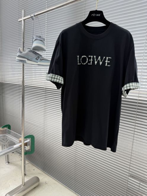 ロエベ ハイブランド ロゴ刺繍Tシャツ 半袖チェック袖デザイン 高品質