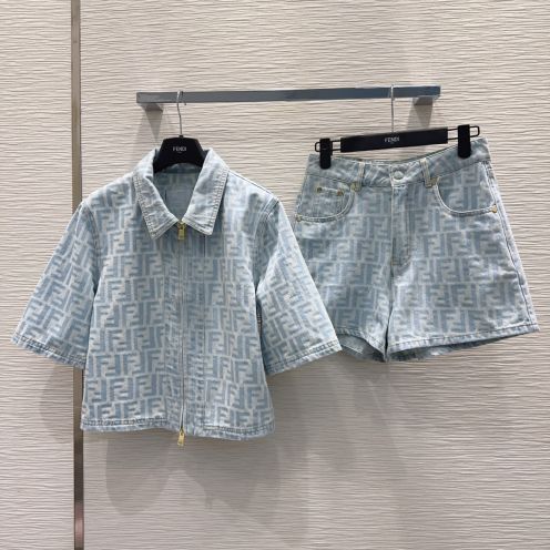 フェンディ スーパーコピー FFロゴデニムセットアップ 半袖ジャケットショートパンツ 新作