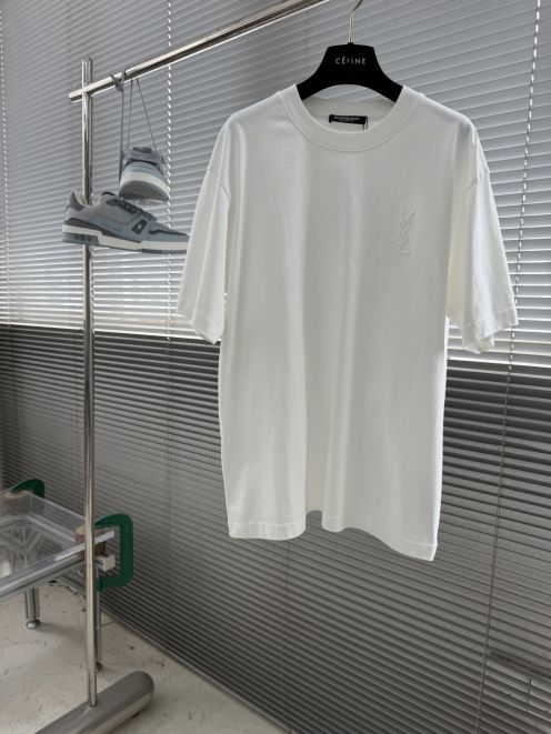 サンローラン n級 ホワイト 半袖Tシャツ ロゴ刺繍 オーバーサイズ 夏服 丁寧な縫製