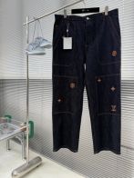 ルイヴィトン スーパーコピー モノグラム刺繍 デニムカーゴパンツ インディゴブルー ワイドストレート 大型ポケット 男女兼用 満足度高い