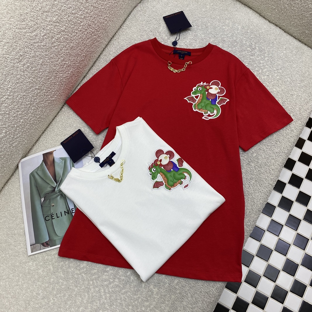 触り心地が良い ルイヴィトンtシャツ新作コピー 純綿 柔らかい シンプル 可愛い龍 ゆったり レッド_4