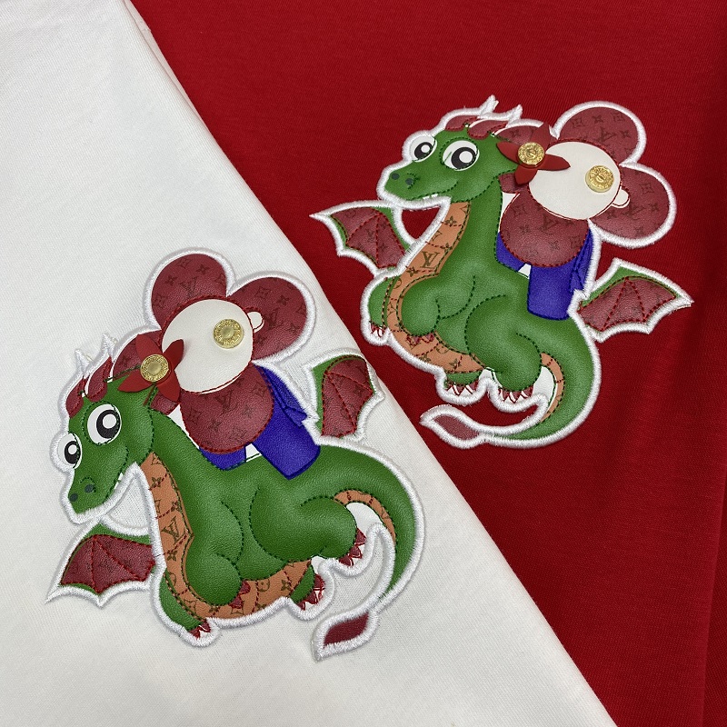 触り心地が良い ルイヴィトンtシャツ新作コピー 純綿 柔らかい シンプル 可愛い龍 ゆったり レッド_5