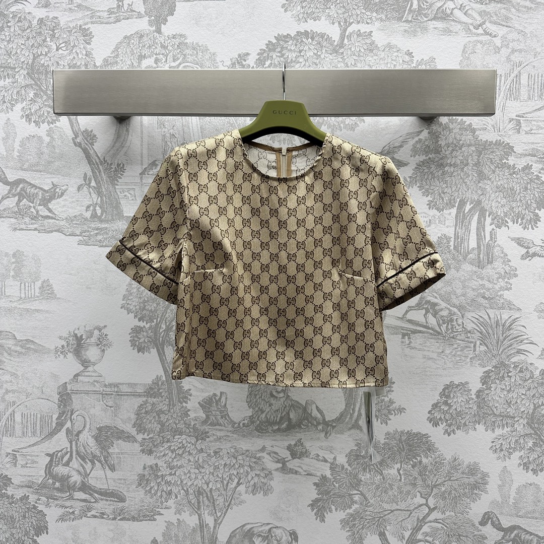 gucci メンズ アウタースーパーコピー セット トップス スカート 半袖 シルク 夏服 軽量 ゆったり ブラウン_2