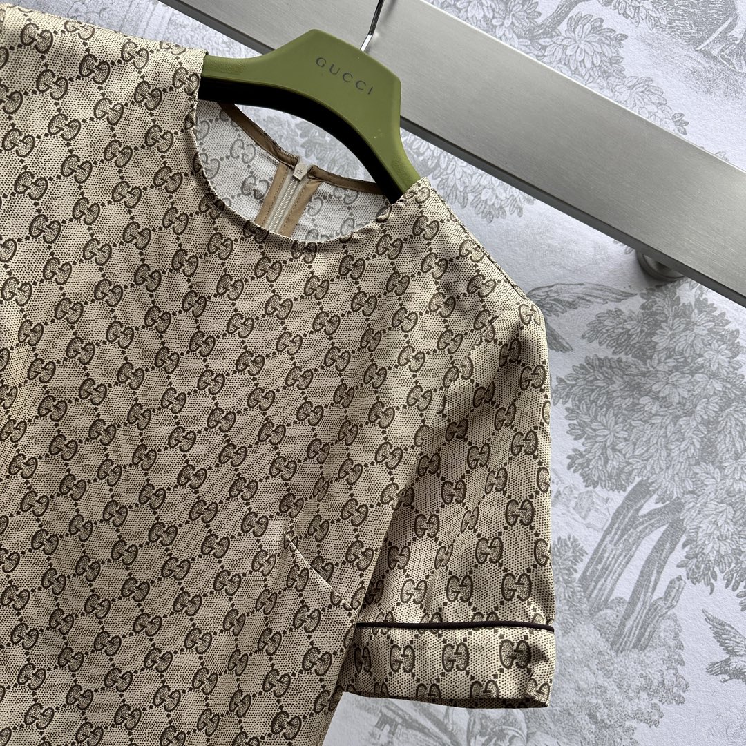 gucci メンズ アウタースーパーコピー セット トップス スカート 半袖 シルク 夏服 軽量 ゆったり ブラウン_4