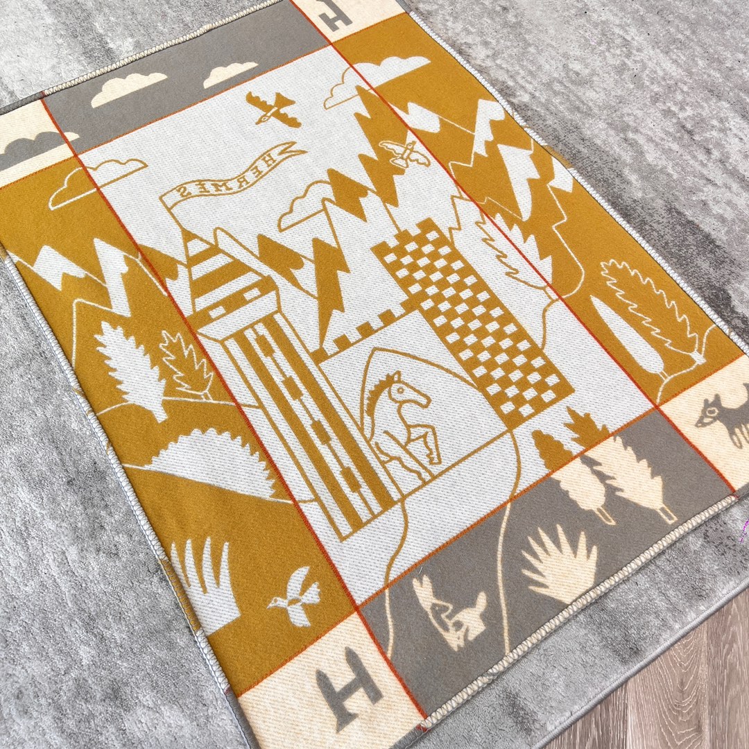 期間限定品 エルメス ブランケット オレンジコピー 毛布 ブランケット スカーフ ウール 肩掛け 花柄 イエロー_4