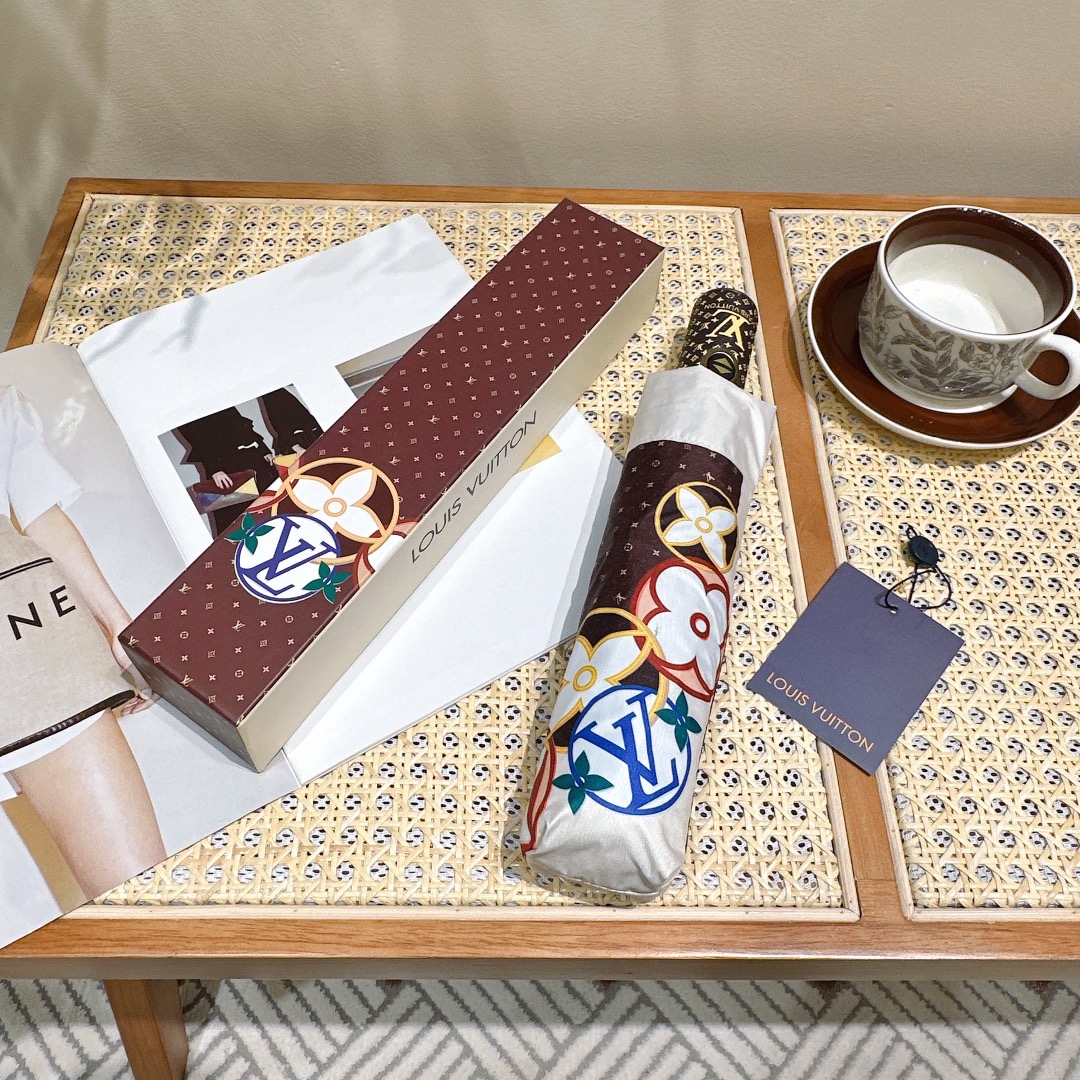 ルイビトン 折りたたみ傘スーパーコピー 折り畳み傘 遮光 遮熱 可愛い シンプル 花柄 プリント 日傘兼用雨傘 ブラウン_1