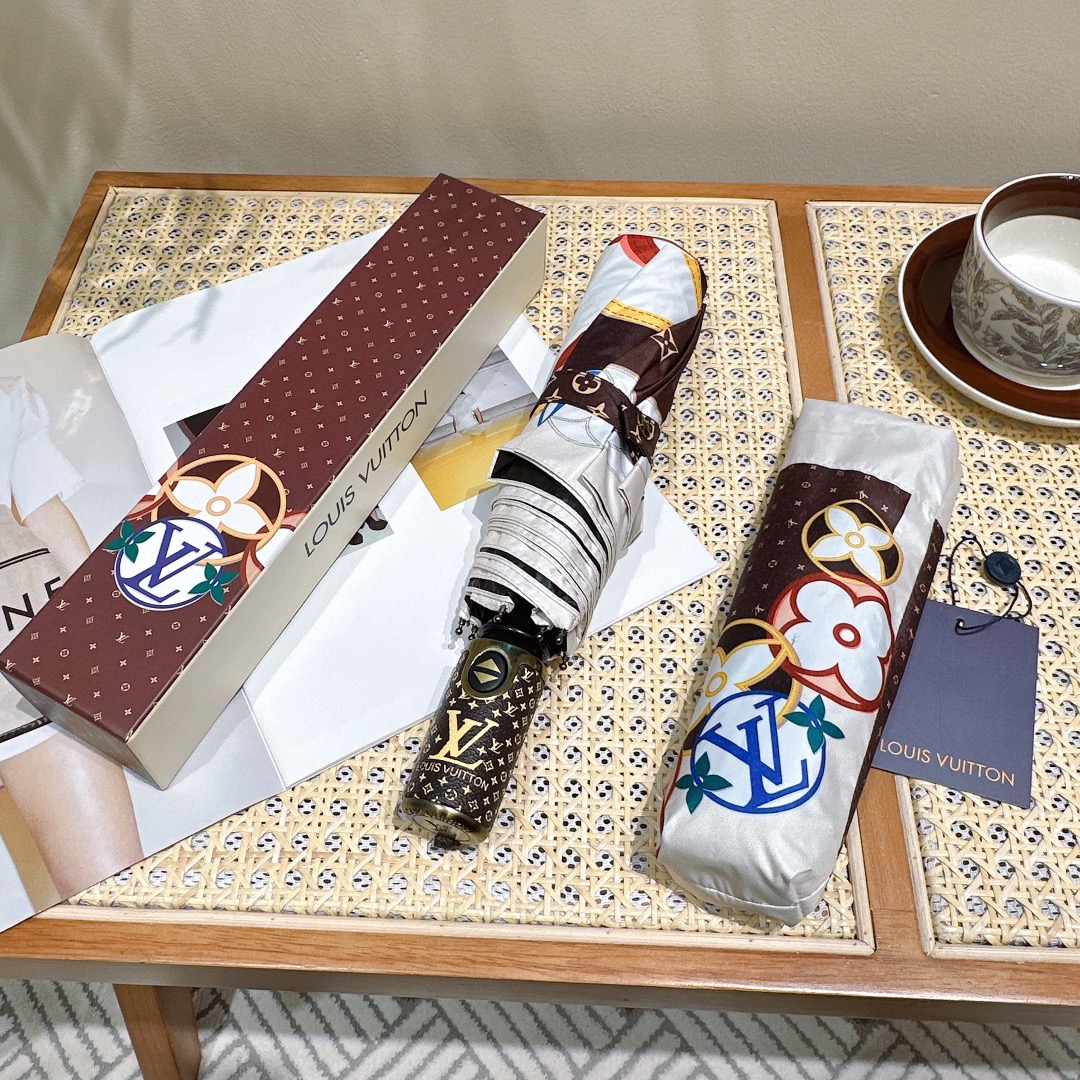 ルイビトン 折りたたみ傘スーパーコピー 折り畳み傘 遮光 遮熱 可愛い シンプル 花柄 プリント 日傘兼用雨傘 ブラウン_5