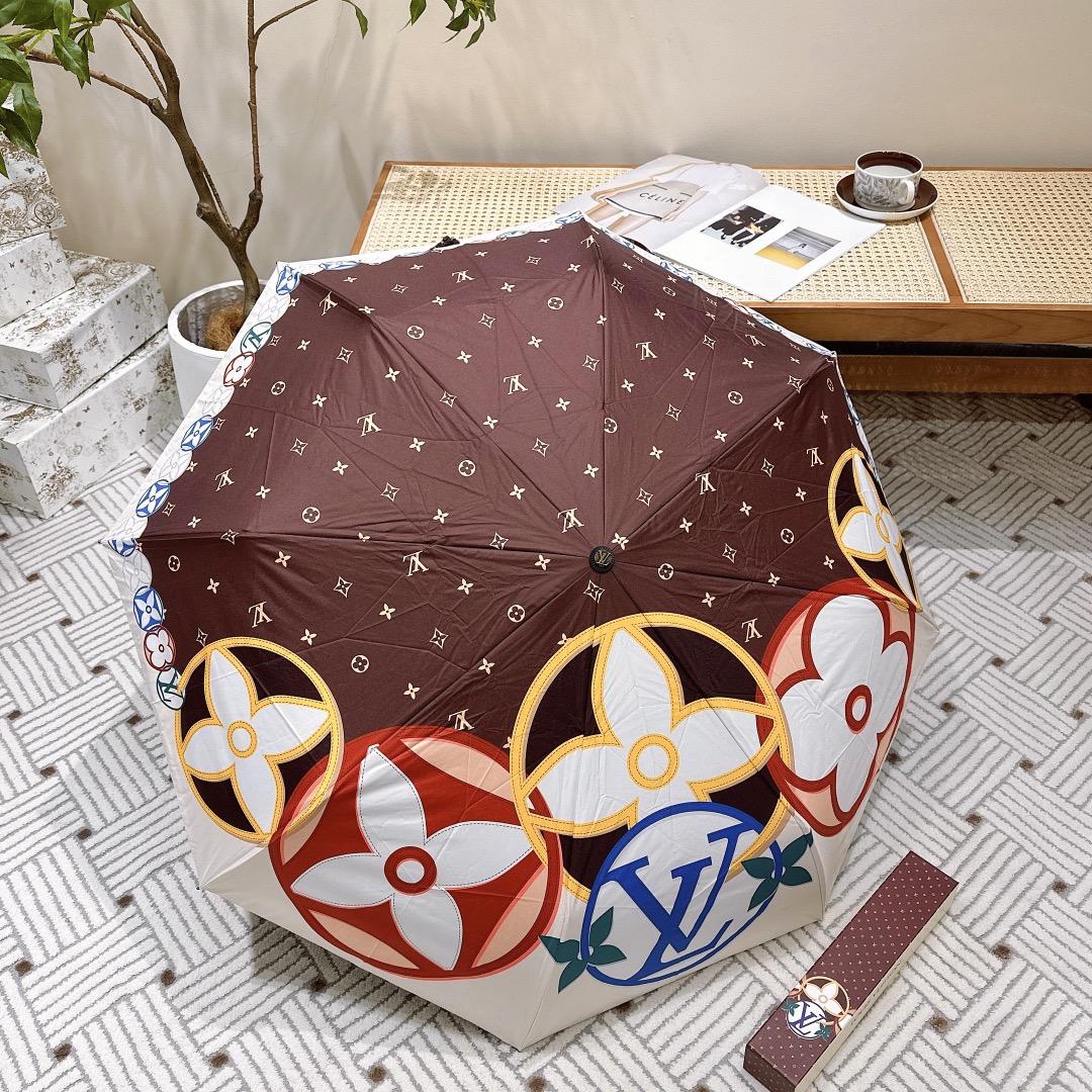 ルイビトン 折りたたみ傘スーパーコピー 折り畳み傘 遮光 遮熱 可愛い シンプル 花柄 プリント 日傘兼用雨傘 ブラウン_8