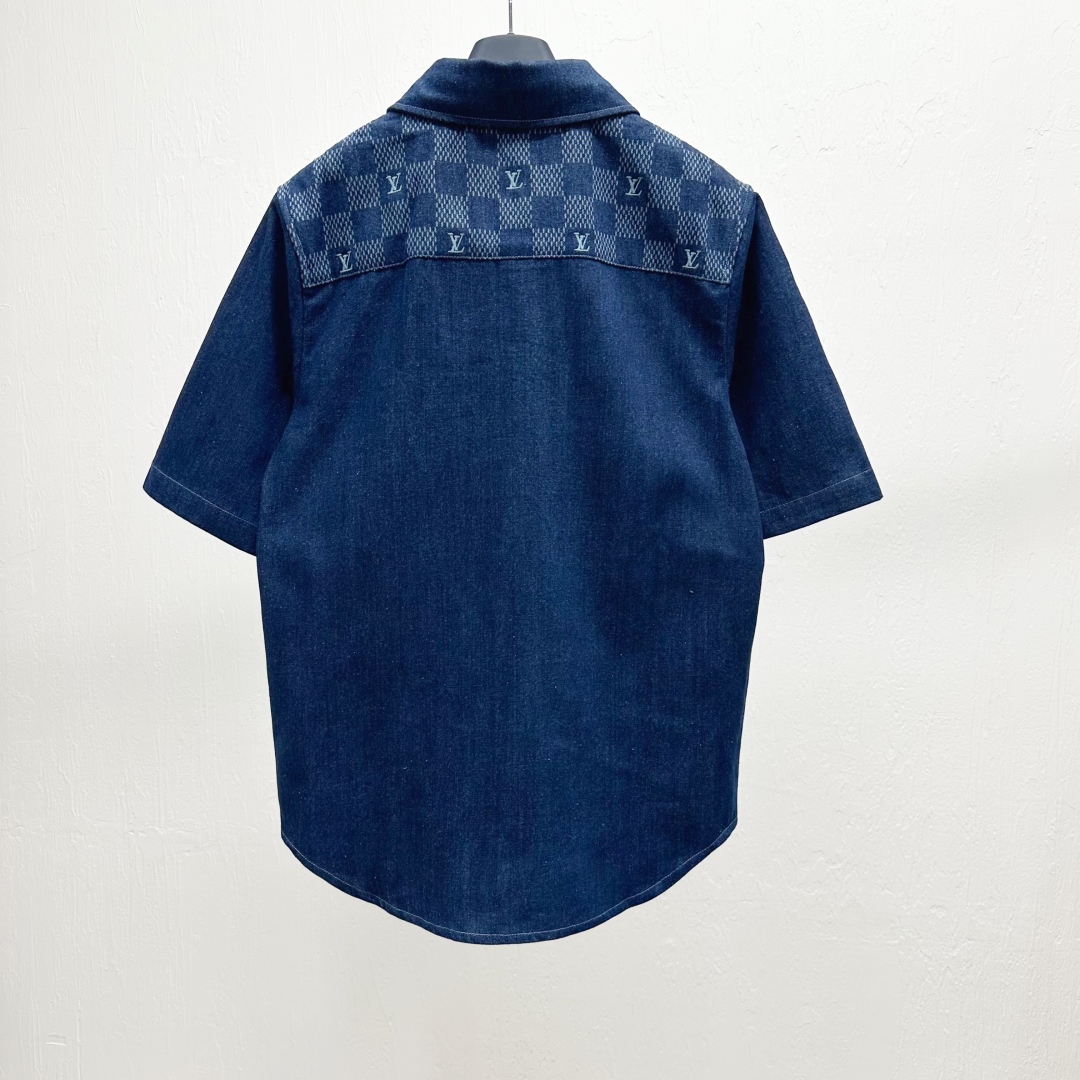 爆買いできる品質保証 ルイヴィトントップス偽物 デニム素材 半袖シャツ 格子模様 シンプル ブルー_2