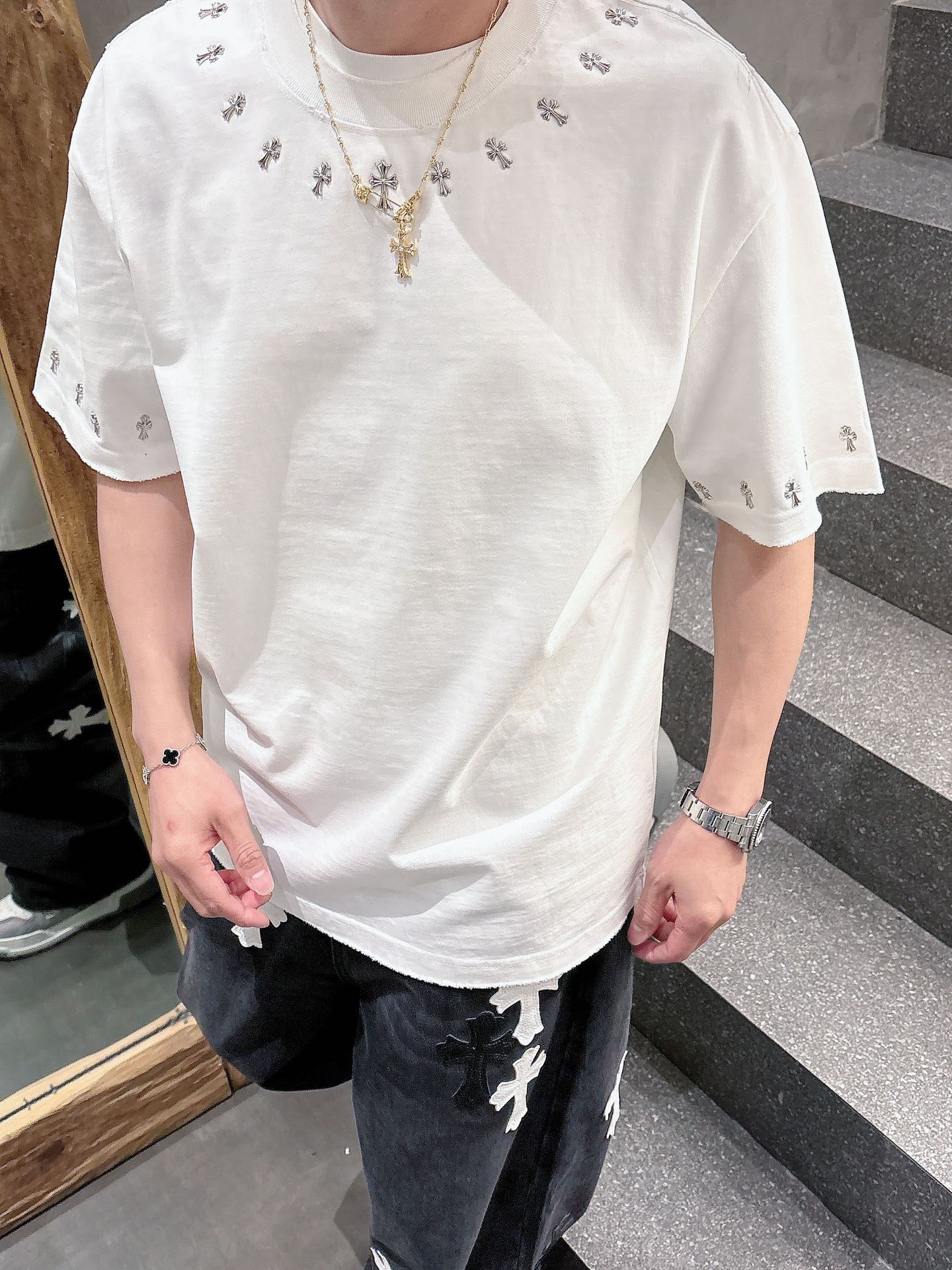 夏大販売‼ メンズ クロムハーツtシャツ偽物 シンプル 短袖 トップス 100％綿 ロゴプリント ホワイト_8