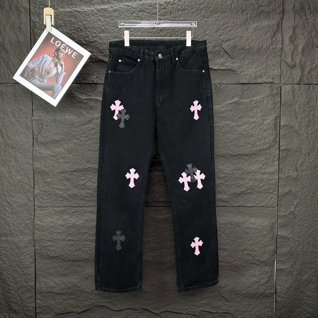 人気流行品 クロムハーツジンーズ偽物 ファッション感 シンプル 筒形パンツ ジーンズ デニム素材 ブラック_1