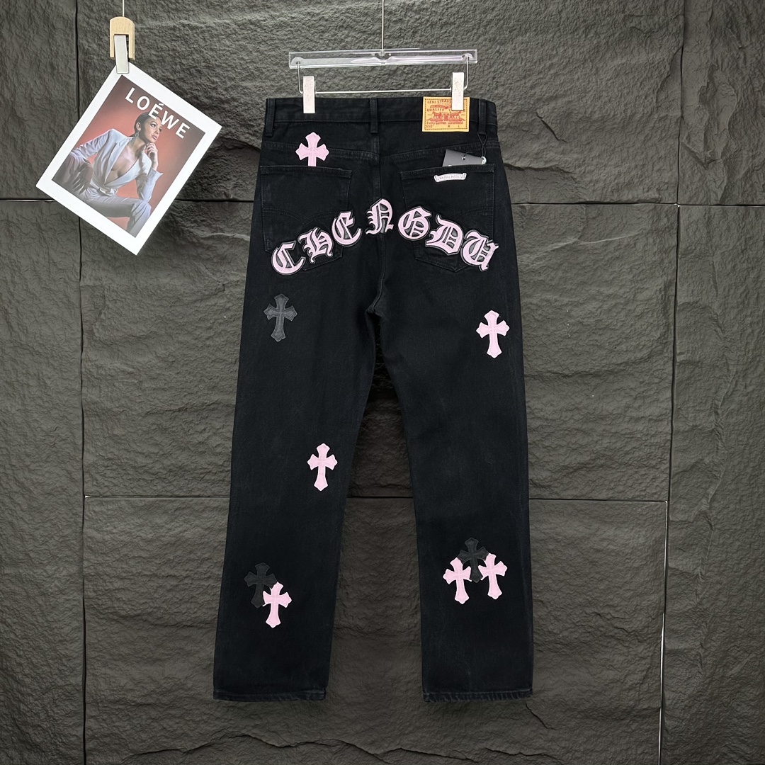 人気流行品 クロムハーツジンーズ偽物 ファッション感 シンプル 筒形パンツ ジーンズ デニム素材 ブラック_2