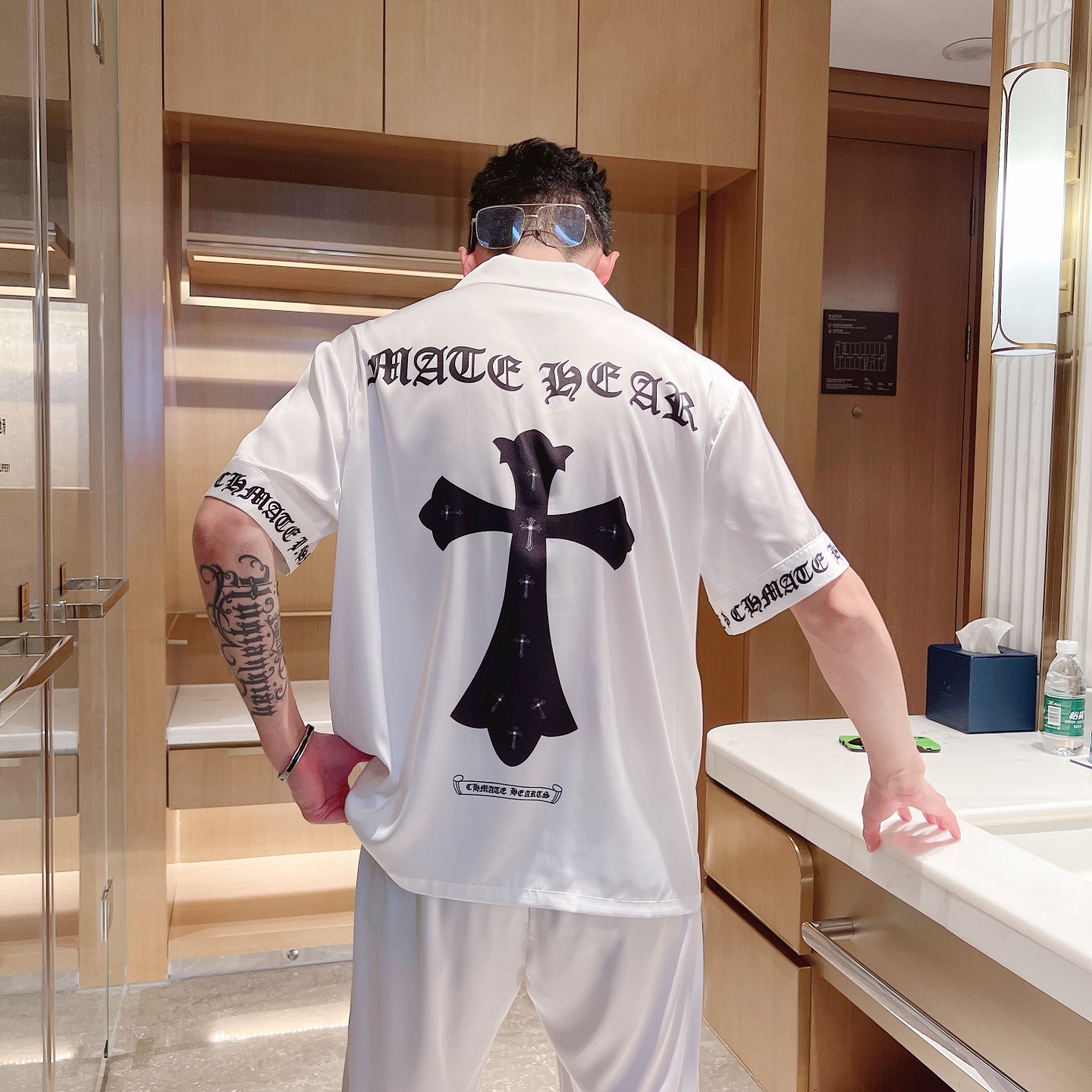 クロムハーツ ロング服コピー ゆったり 短袖 プリント トップス ルームウェアセット シルク 男女兼用 ホワイト_7