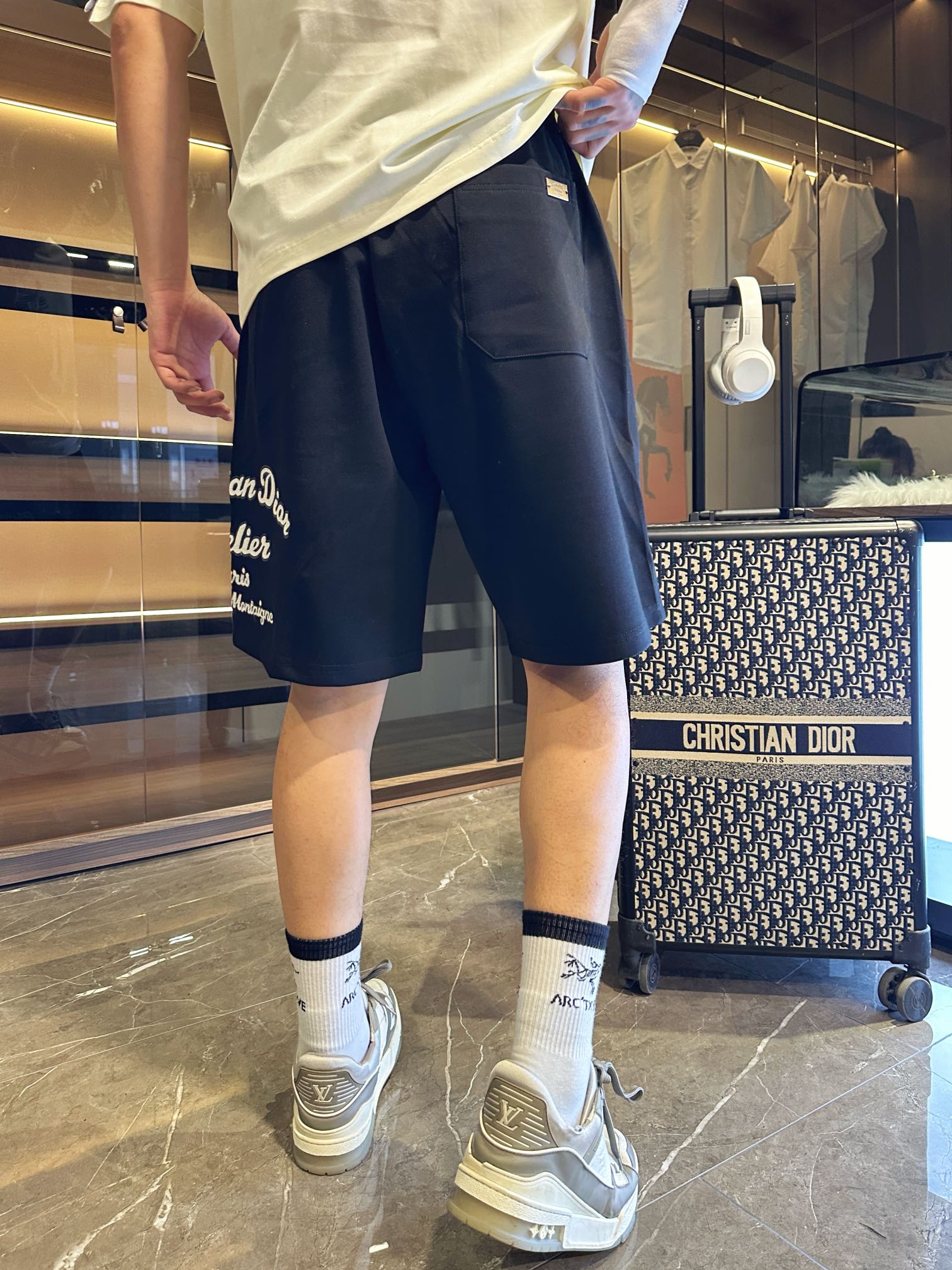 dior 半ズボン偽物 ショットパンツ 夏服 ゆったり 五分パンツ カジュアル プリント ブルー_5