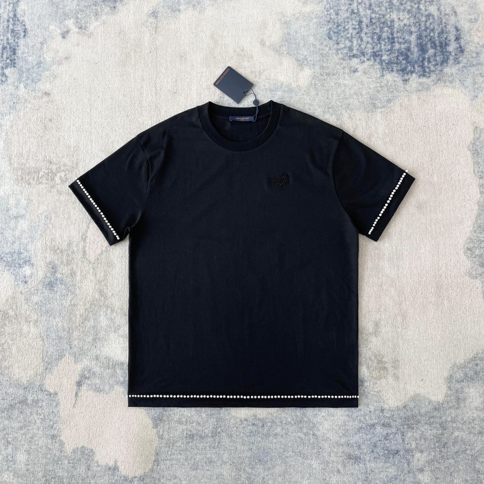 tシャツ ルイヴィトンスーパーコピー 真珠飾り シンプル 綿 半袖 トップス ゆったり ブラック_1