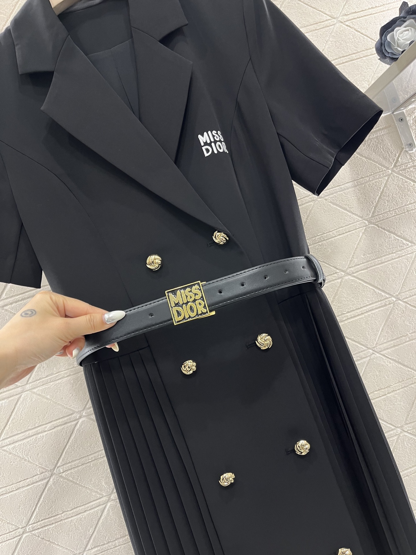 DIOR スカート ヒダコピー プリント ワンピース 短袖  優雅レディ 軽量 ブラック_6