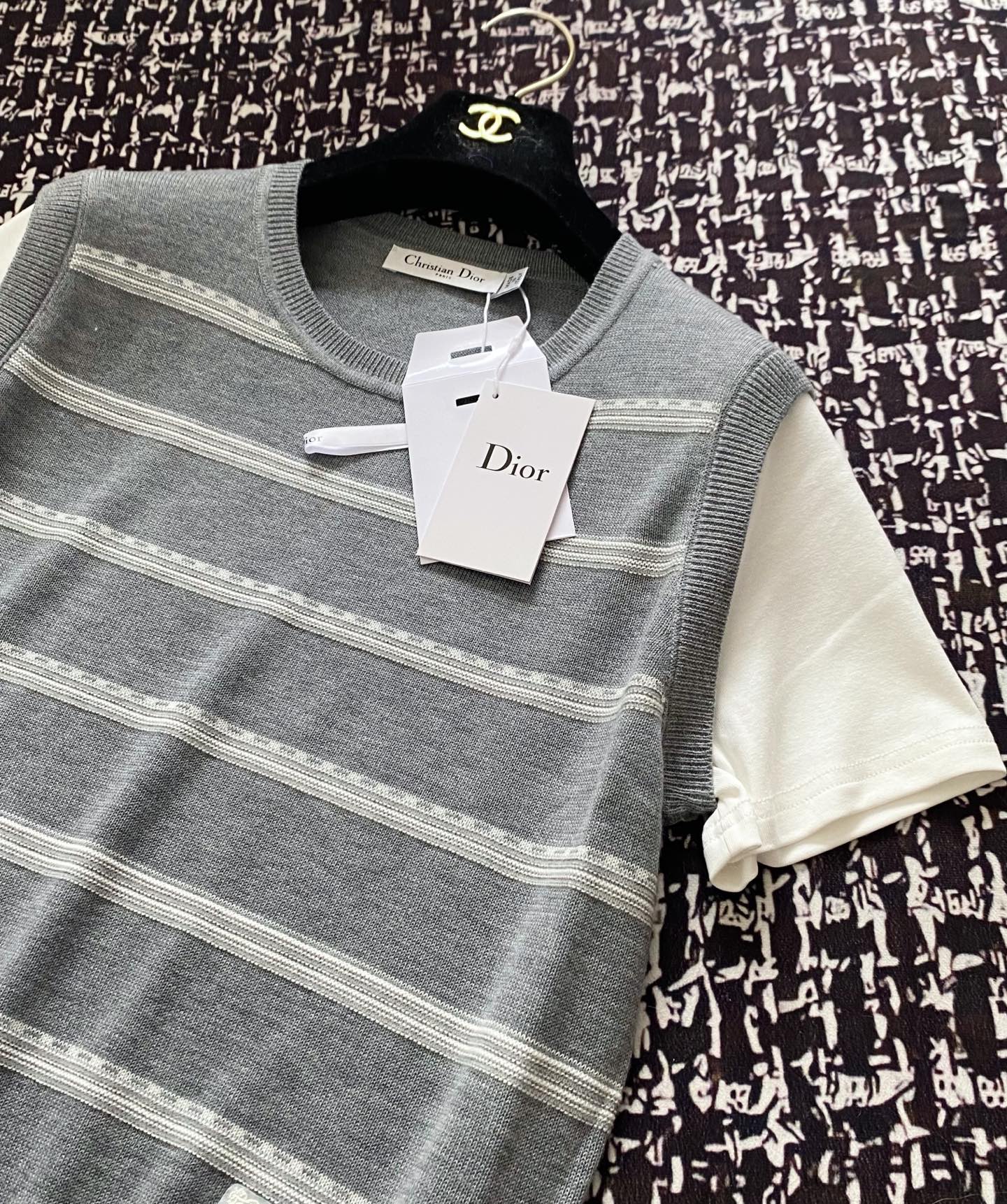 ディオールtシャツレディース激安通販 ゆったり プリント 純綿 トップス 半袖 横縞 グレー_3