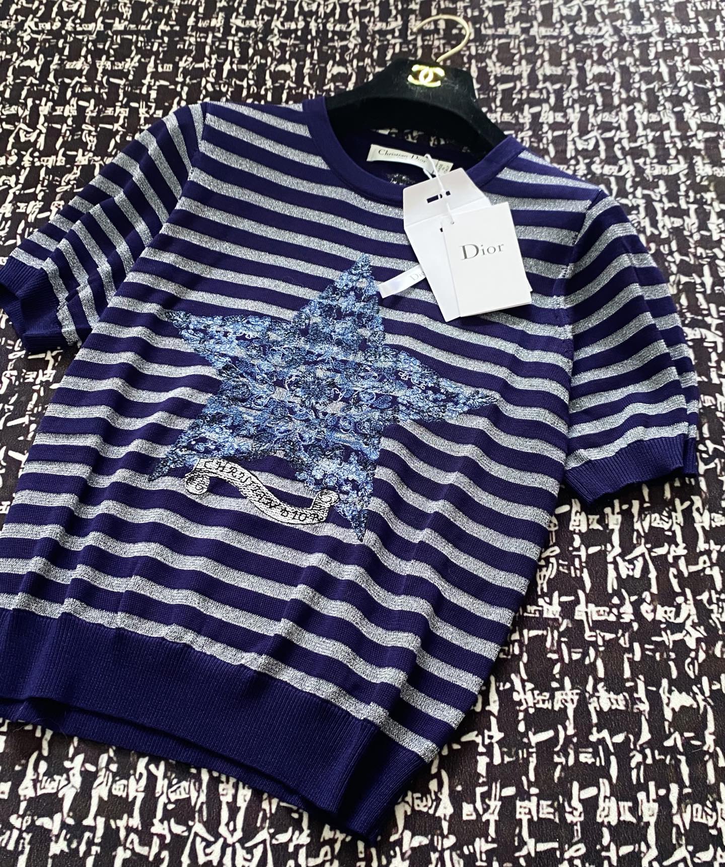 ディオールtシャツメルカリ偽物 ゆったり プリント 純綿 トップス 半袖 横縞 シンプル ブルー_4