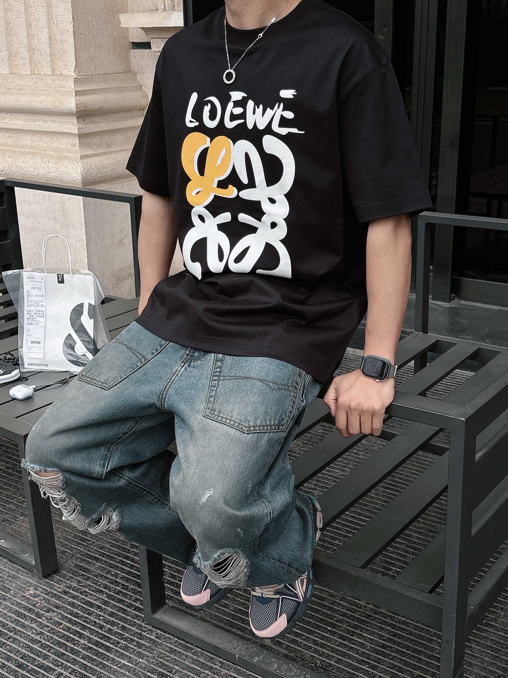 ロエベtシャツコーデＮ級品 通気性いい 柔らかい 純綿 トップス 短袖 ロゴプリント ブラック_6