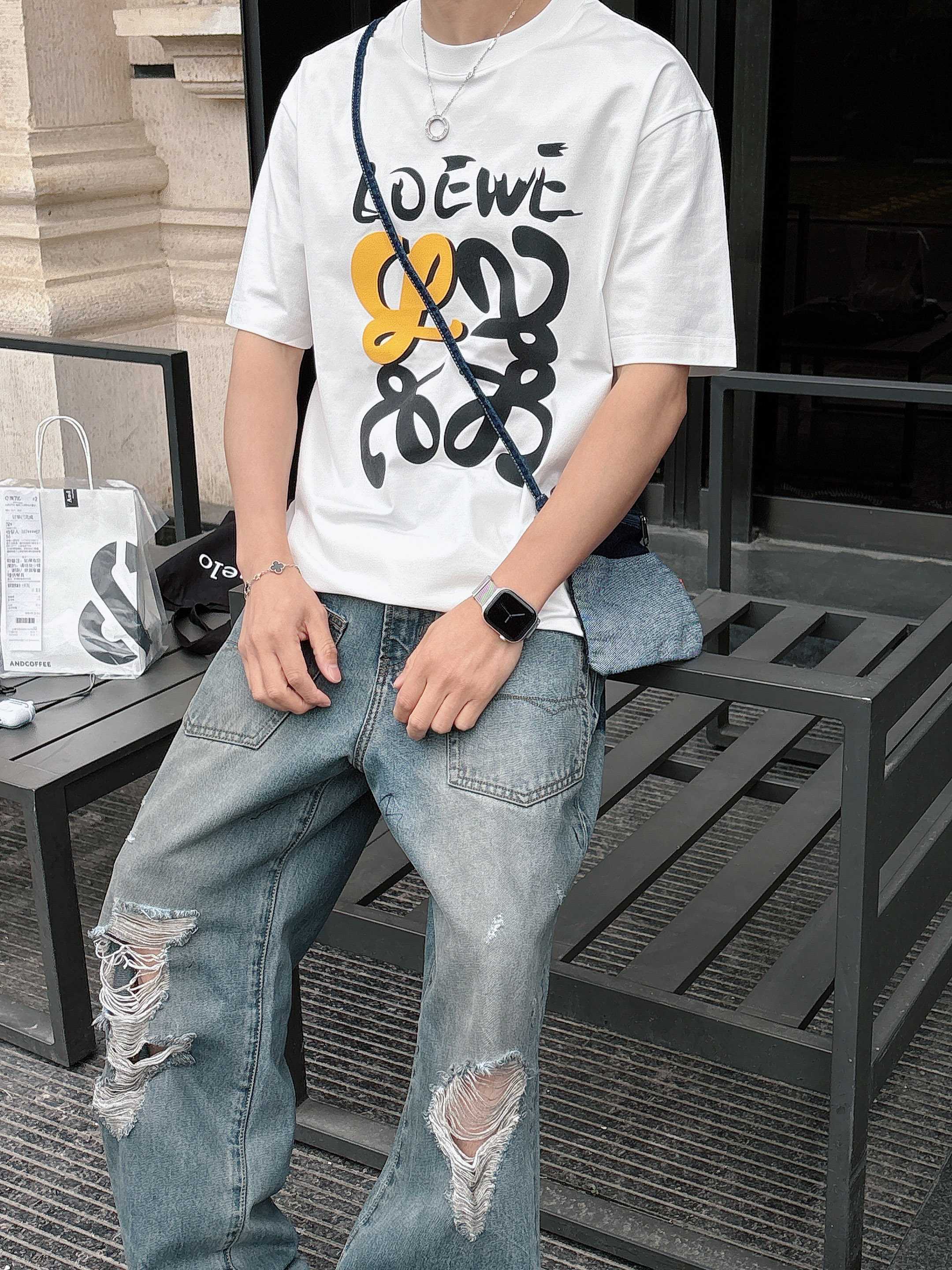 ロエベ tシャツ カルシファー激安通販 通気性いい 柔らかい 純綿 トップス 短袖 ロゴプリント ホワイト_4