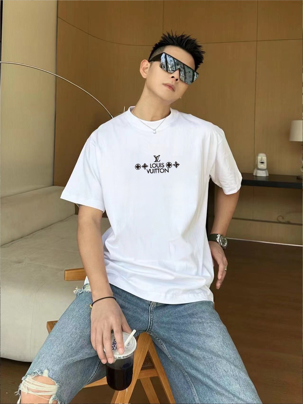 メンズ ルイヴィトンtシャツ偽物 純綿 トップス 半袖 プリント ゆったり ハンサム ホワイト_5