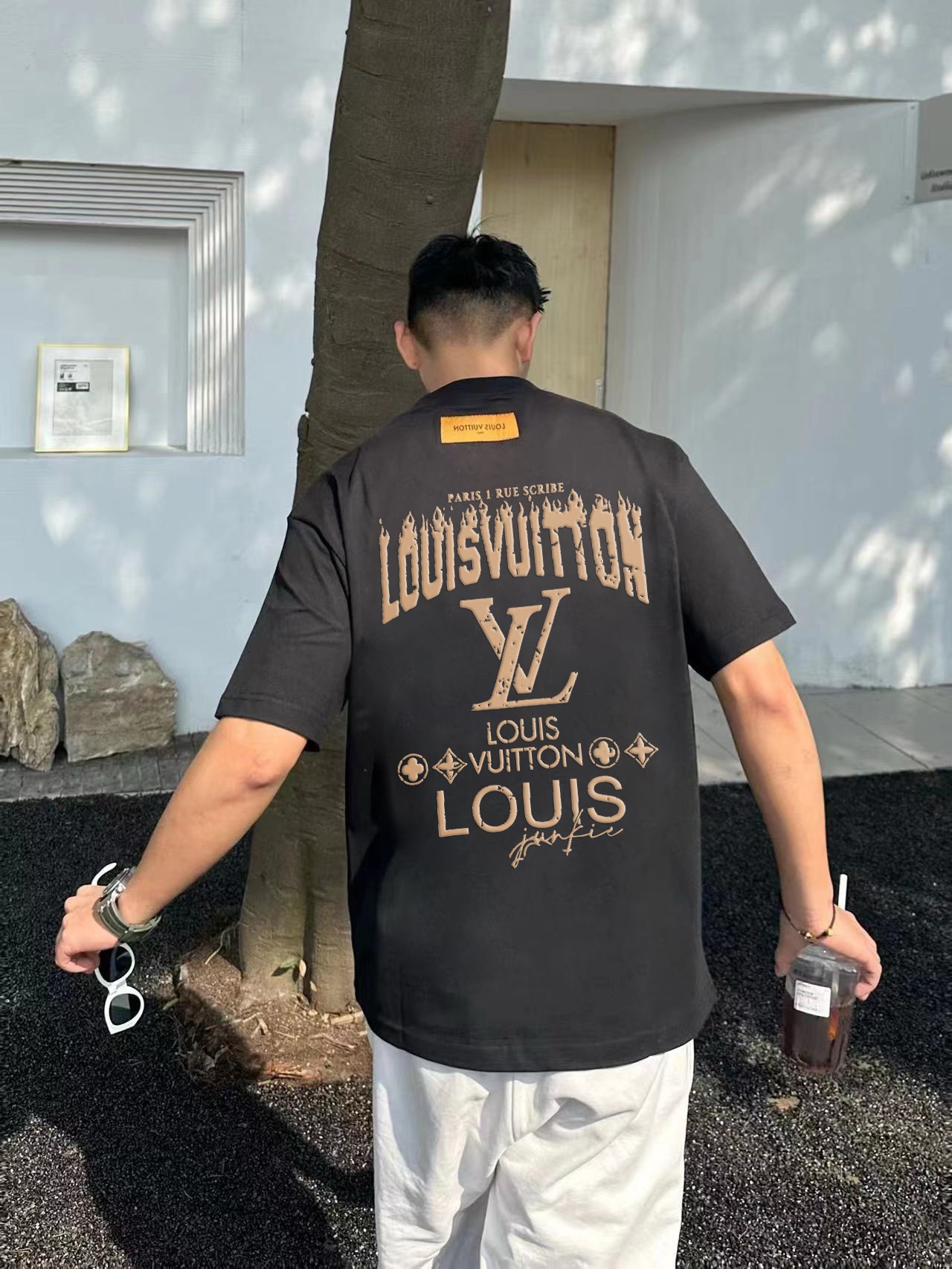 メンズルイヴィトンtシャツコピー 純綿 トップス 半袖 プリント ゆったり ハンサム ブラック_3