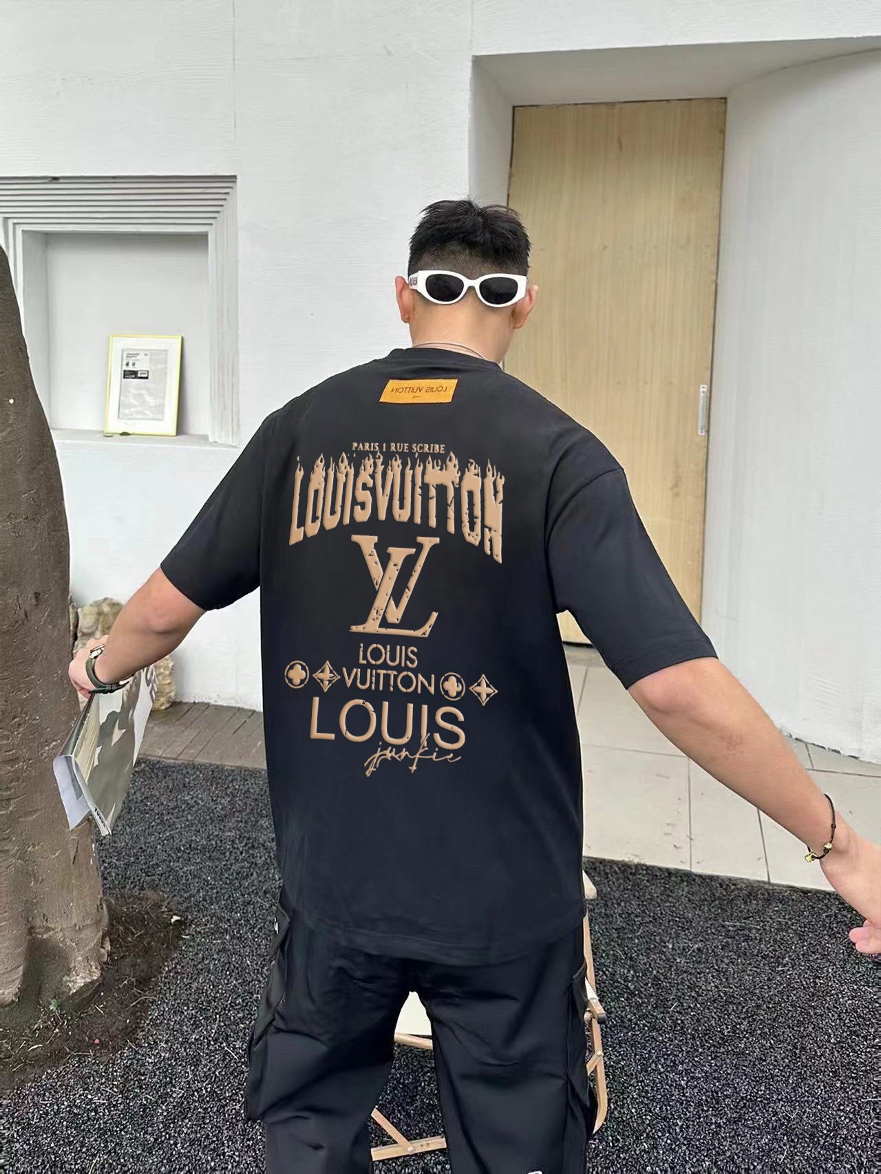 メンズルイヴィトンtシャツコピー 純綿 トップス 半袖 プリント ゆったり ハンサム ブラック_4