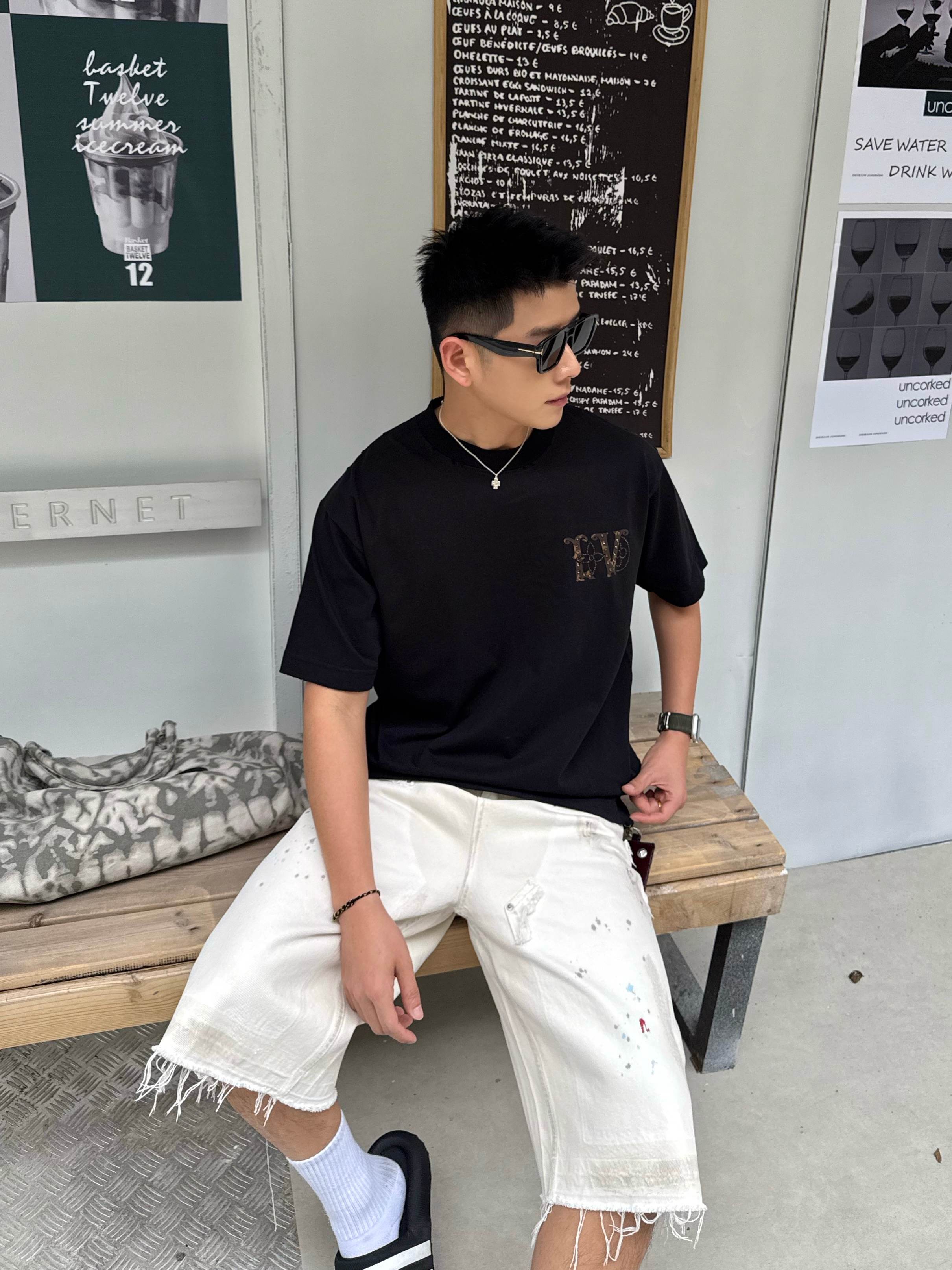 メルカリ ルイヴィトンtシャツ激安通販 シンプル 純綿 トップス 半袖 男女兼用 ブラック_3