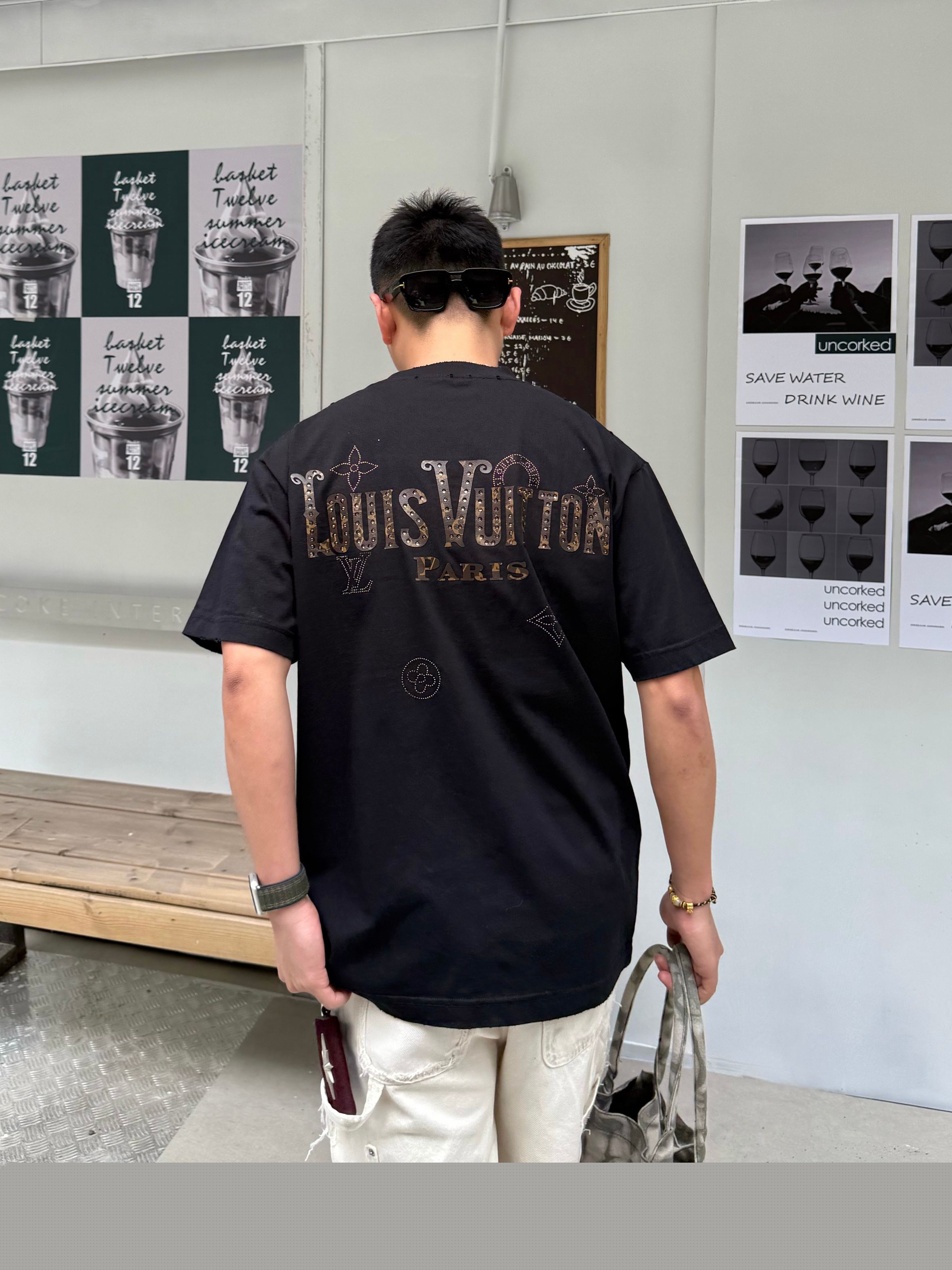メルカリ ルイヴィトンtシャツ激安通販 シンプル 純綿 トップス 半袖 男女兼用 ブラック_4