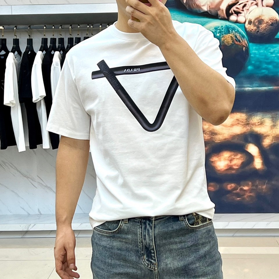 大人気 prada t シャツ偽物 半袖 トップス プリント 純綿 男女兼用 ホワイト_1