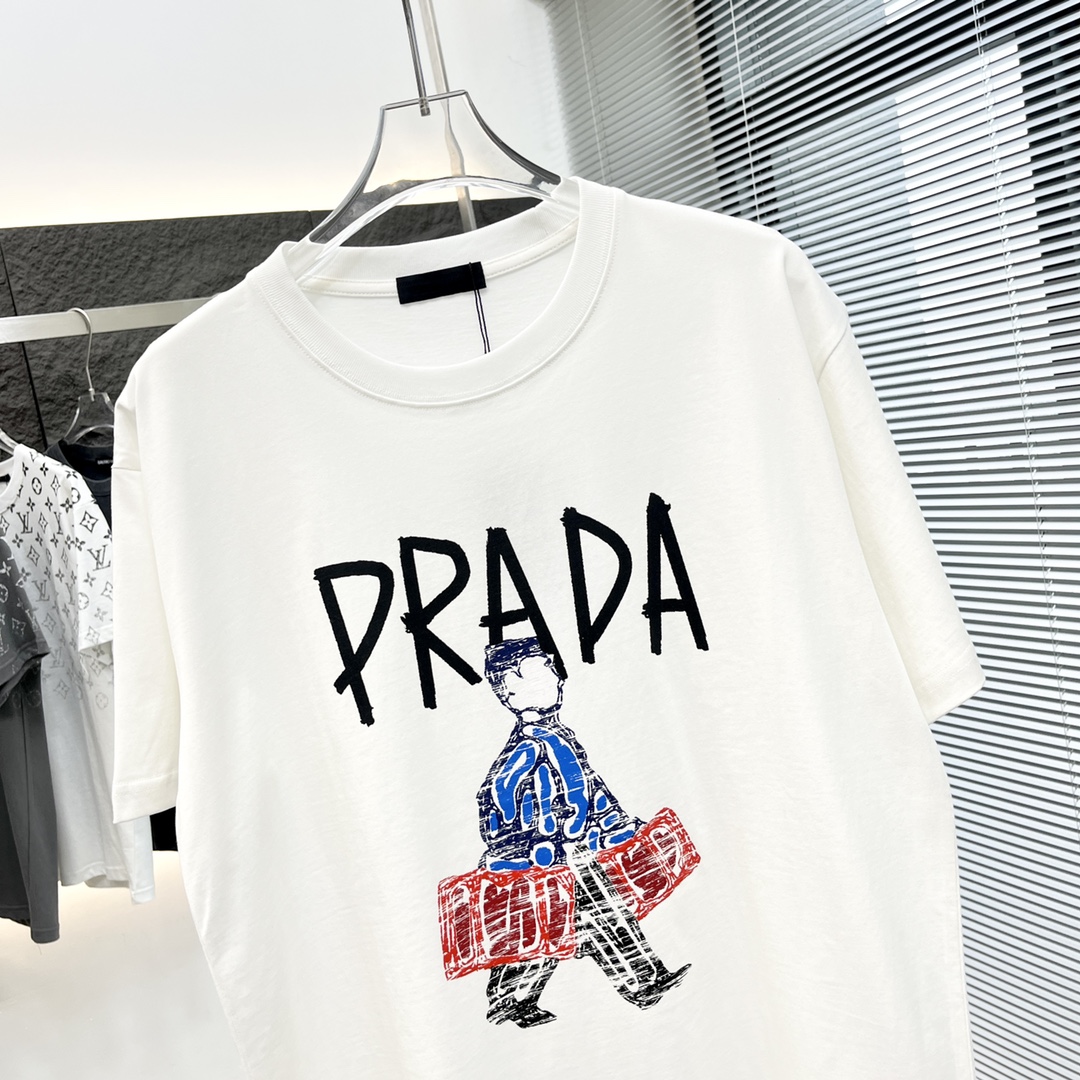 プラダ t シャツ メンズ激安通販 半袖 トップス プリント 純綿 ゆったり 通気性いい ホワイト_4