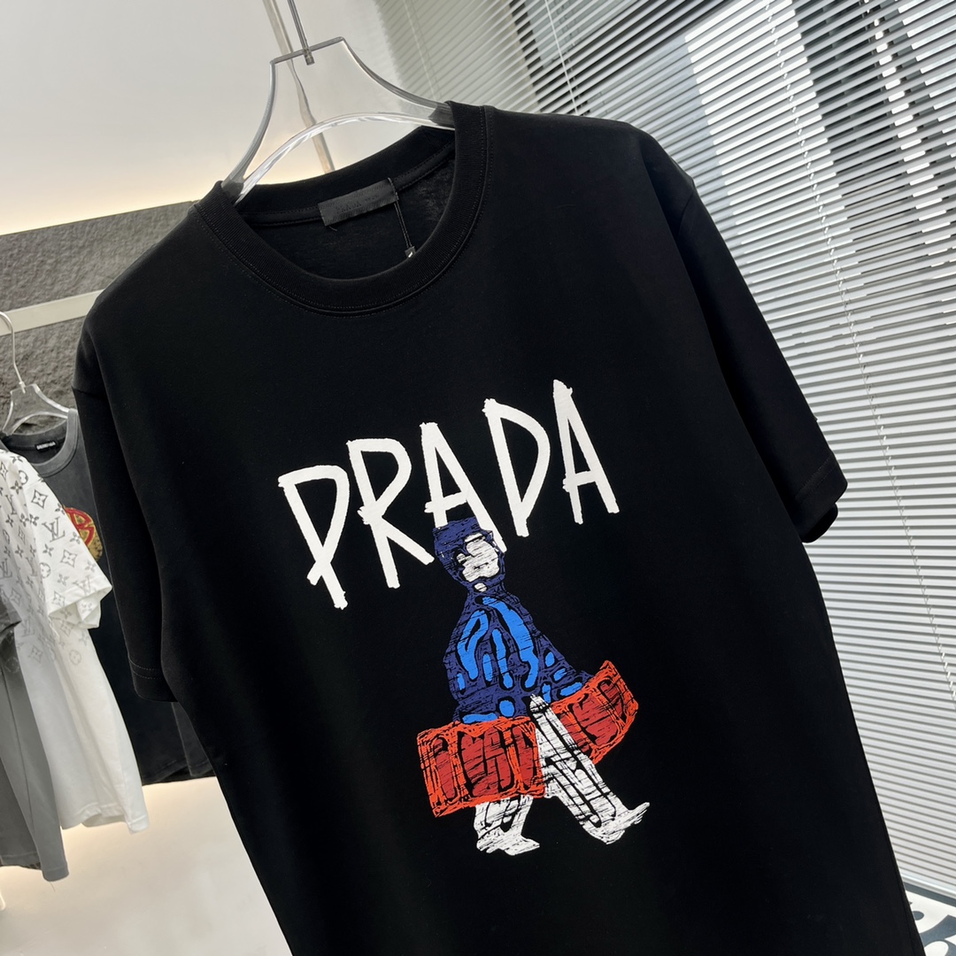 prada ティー シャツ偽物 半袖Ｔシャツ トップス プリント 純綿 ゆったり 通気性いい ブラック_2