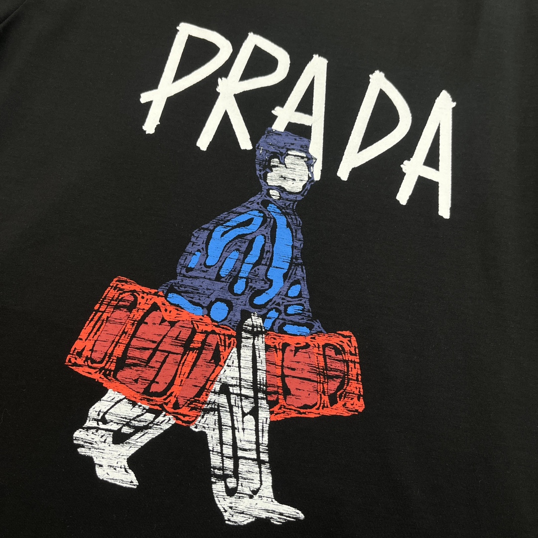 prada ティー シャツ偽物 半袖Ｔシャツ トップス プリント 純綿 ゆったり 通気性いい ブラック_5