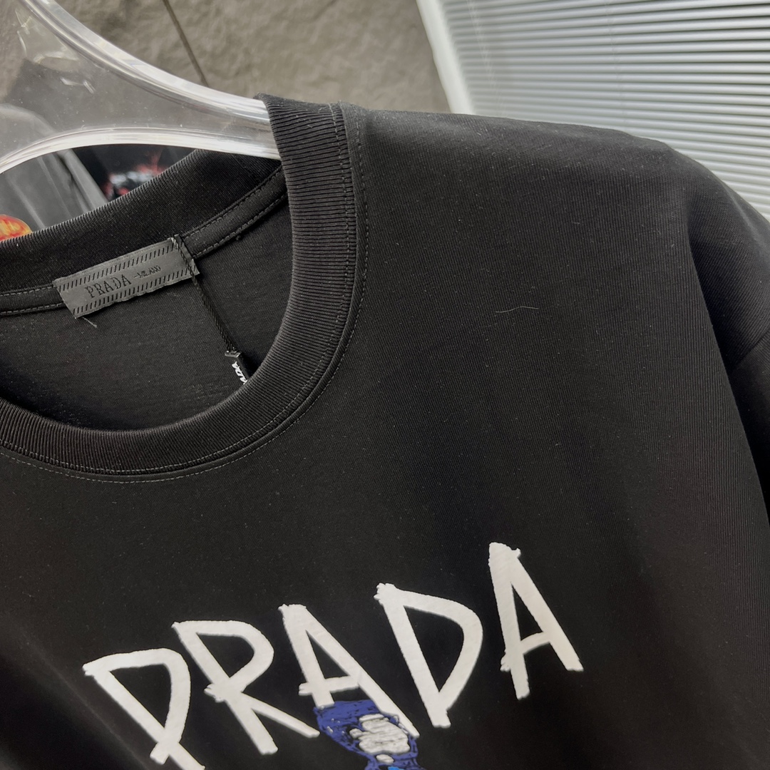prada ティー シャツ偽物 半袖Ｔシャツ トップス プリント 純綿 ゆったり 通気性いい ブラック_6