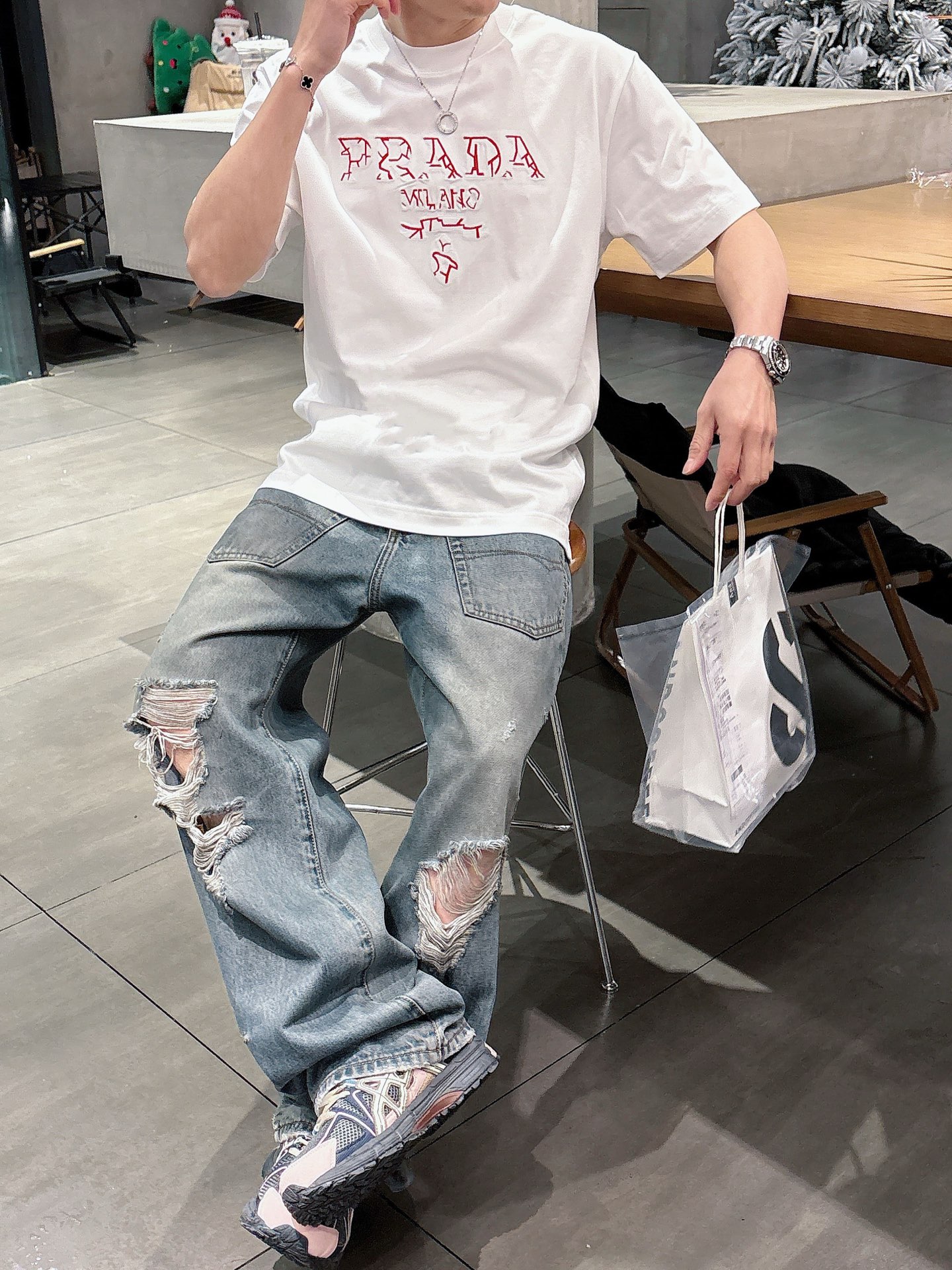 春の新作 prada の t シャツコピー 半袖 トップス プリント 純綿 ゆったり 男女兼用 ホワイト_2