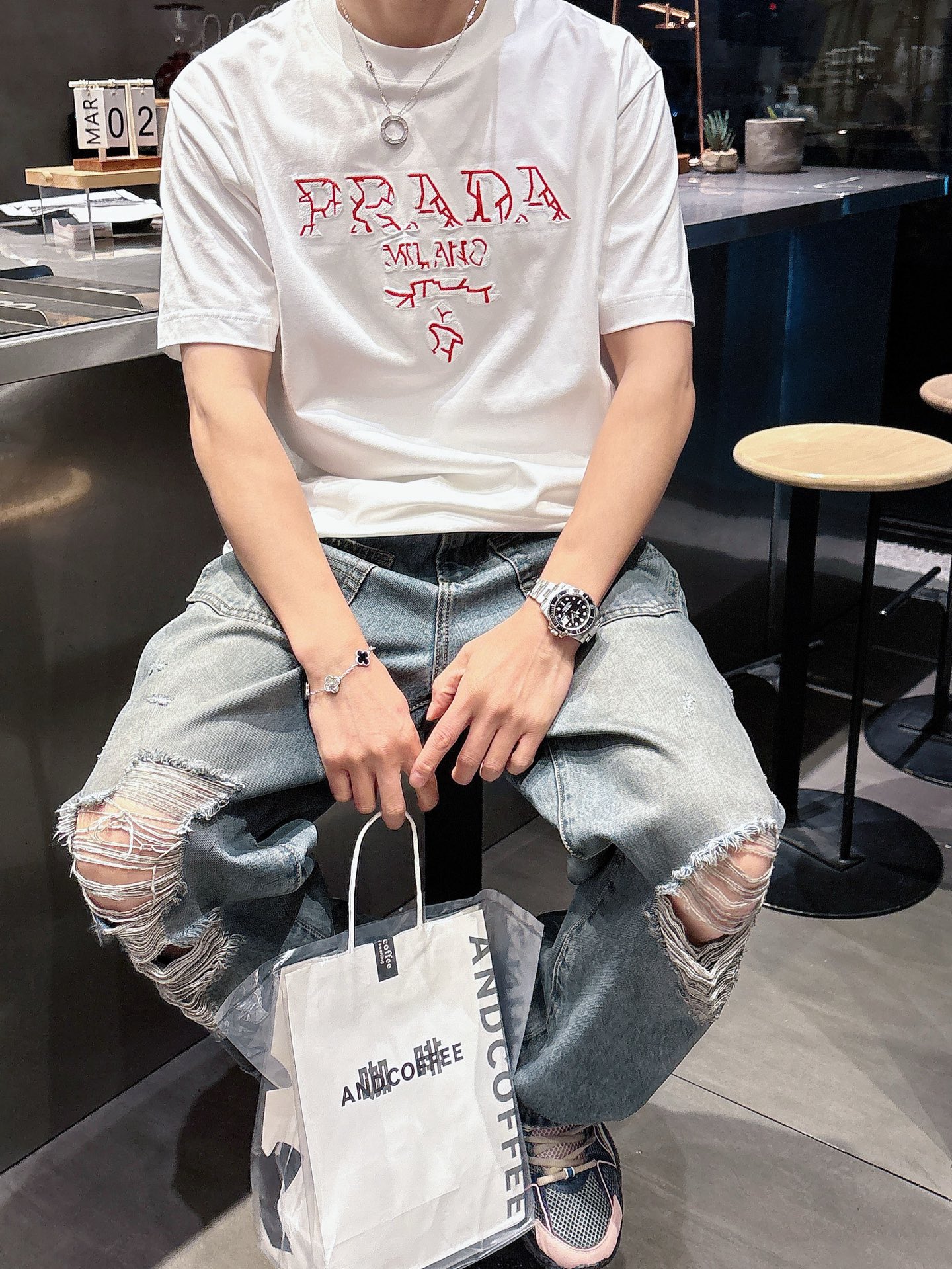 春の新作 prada の t シャツコピー 半袖 トップス プリント 純綿 ゆったり 男女兼用 ホワイト_3
